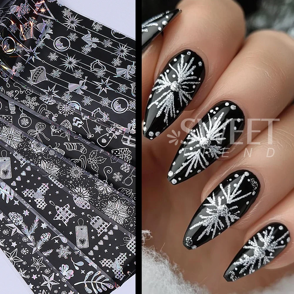 10pcs Laser Christmas Nail Foils Set Winter Stars Snowflakes Gift Gingerbread Man Transfer Foils Sheets Nail Manicure Decoration
