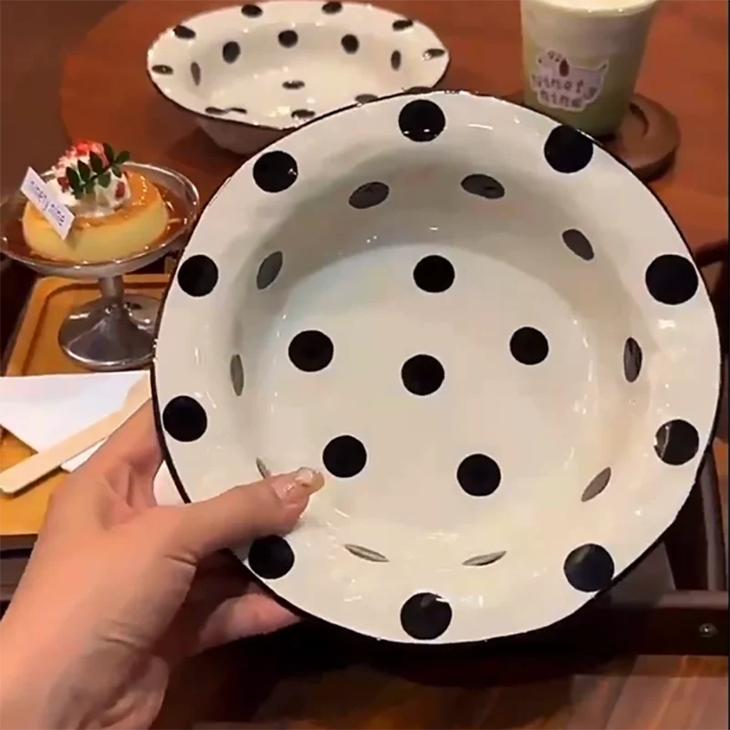 Korean Irregular Ceramic Straw Hat Plate Household Polka Dot Salad Plate Western Spaghetti Creative Kitchen Tableware