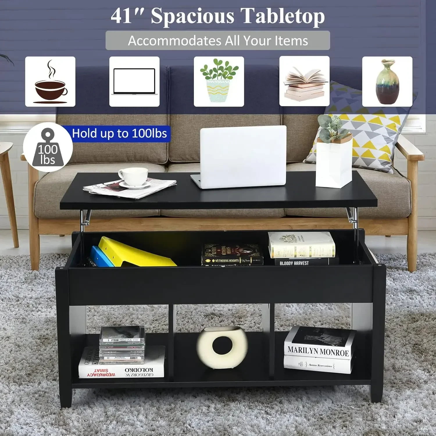 Wood Lift Top Modern Coffee Table w/Hidden Compartment and Open Storage Shelf for Living Room Office Reception Room (Black) 6