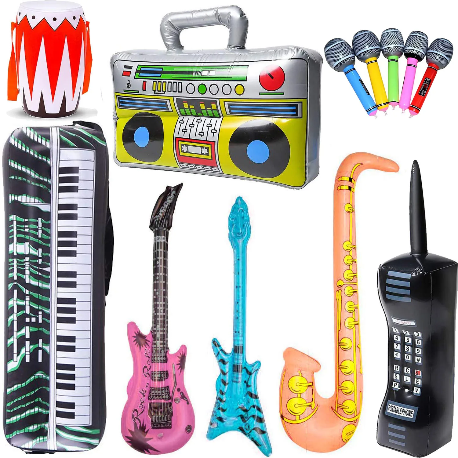 Inflatable Rock Star Toy Inflatable Boom Box Mobile Phone Guitar Bass for 80's 90's Party Decorations Rock & Roll Party Supplies