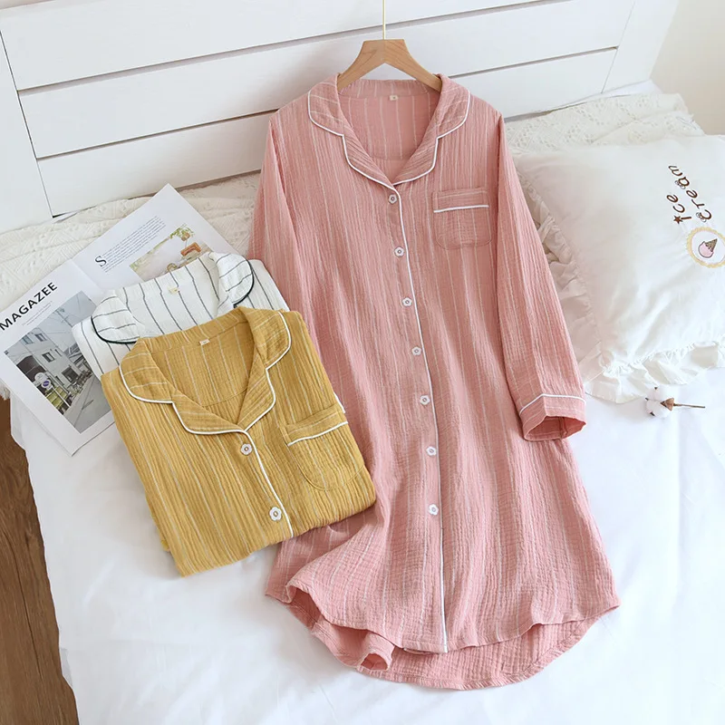 

Spring/summer Sleepshirt Ladies Cotton Long-sleeved Nightdress Simple Gown Double-layer Gauze Home Dress Crepe Striped Pajamas