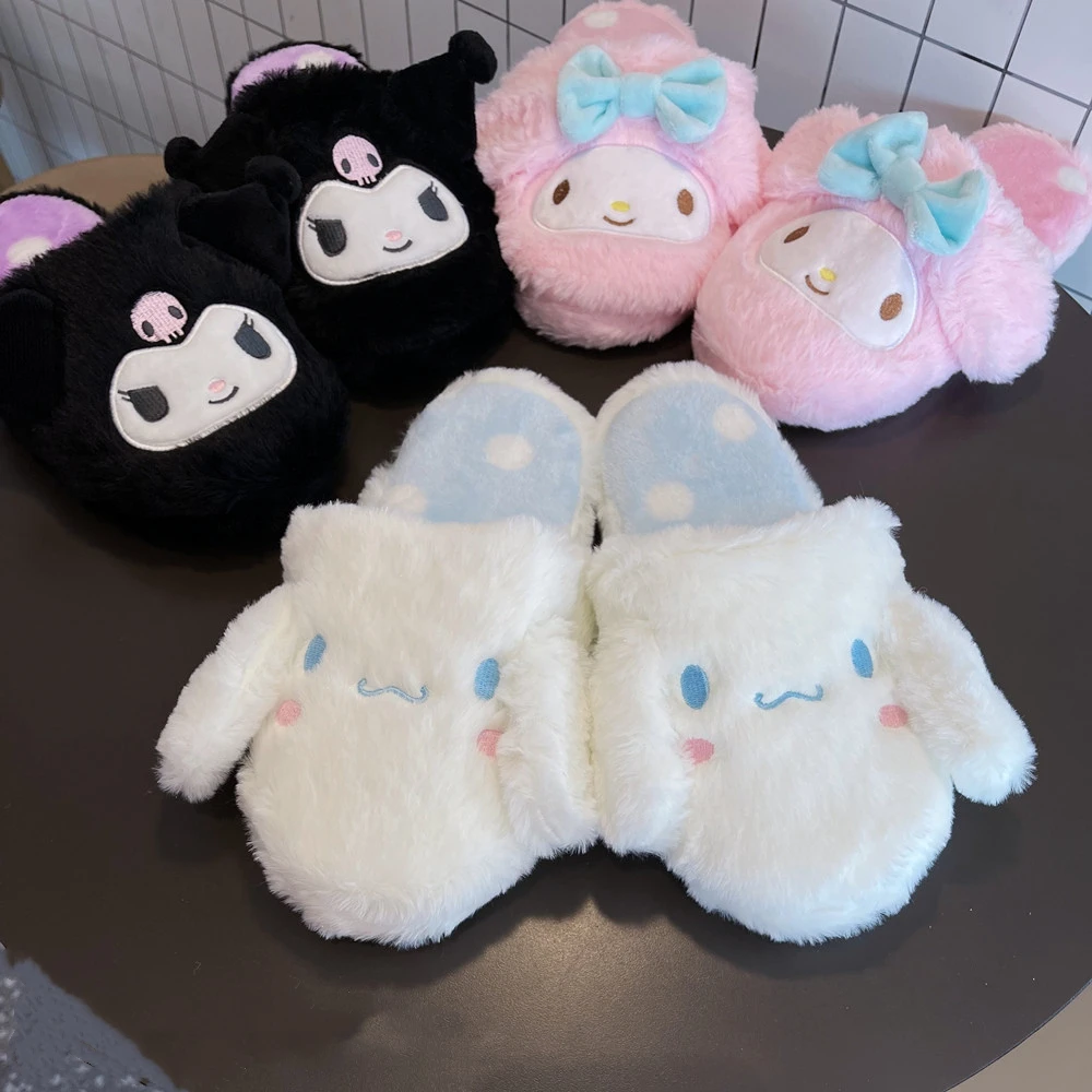 Flat Slippers Kuromi My Melody Sanrio Cartoon Plush Floor Warm Winter Indoor Non-slip Girl Home