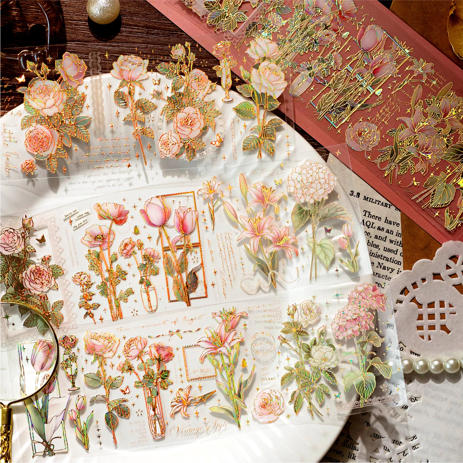 3 Sheets/pack Flower Gold Foil Stickers Set Transparent Aesthetics Floral Stickers for Scrapbooking Journaling Supplies