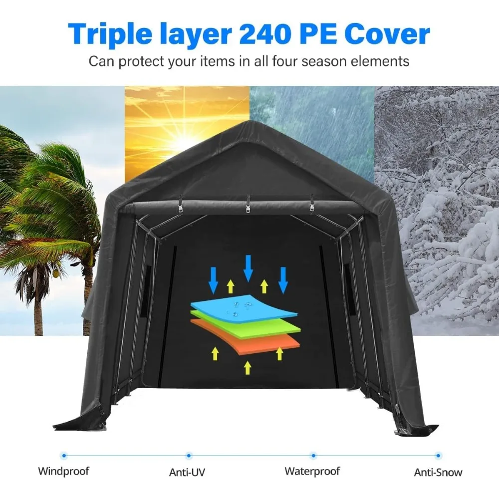 10X15 ft Garage Shelter Steel Metal Peak Roof Anti-Snow Portable Storage Shed Carport with 2 Roll up Doors & Vents