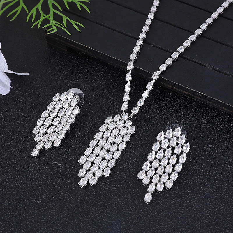 

Luxury Trendy Geometry Tassel Necklace Earrings For Women Accessory Full Cubic Zirconia Bridal Jewelry Sets Mujer Moda A0270