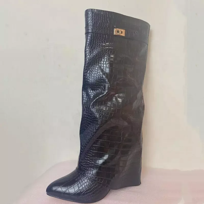 Ins Hot Spring Winter Great Quality Crocodile Print Upper Shoes Booty Knee High Pointy Toe Over-lay Side Zip Women Boots 43