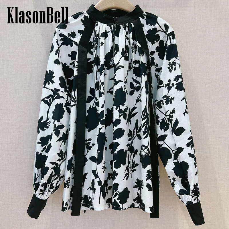 

12.12 KlasonBell Cotton Floral Print Lantern Sleeve Shirt Women's Fashion Vintage Stand Collar Ribbon Loose Blouse