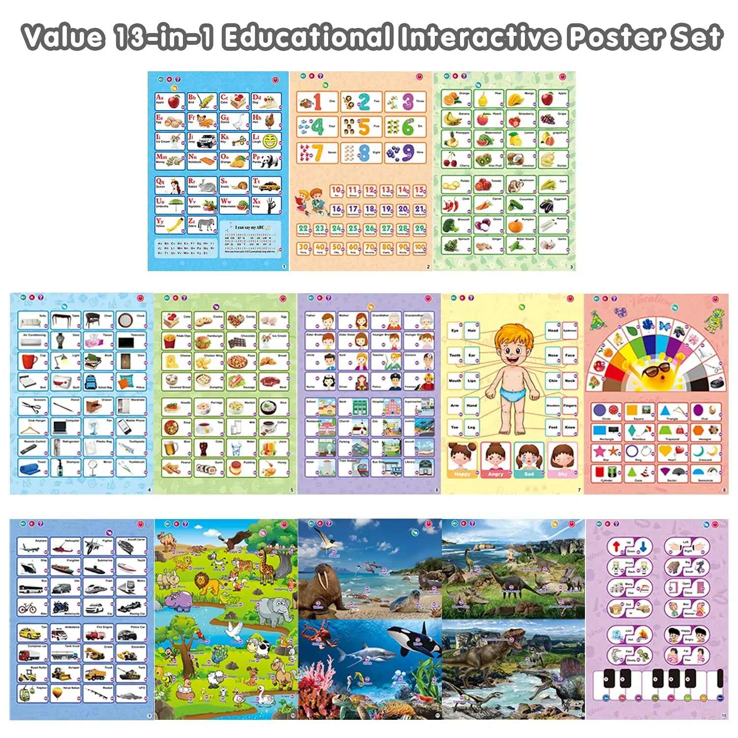 Electronic Interactive Alphabet Wall Chart Talking ABC 123s Animals Vegetables Fruits Body Shape Music Educational Posters Board 4