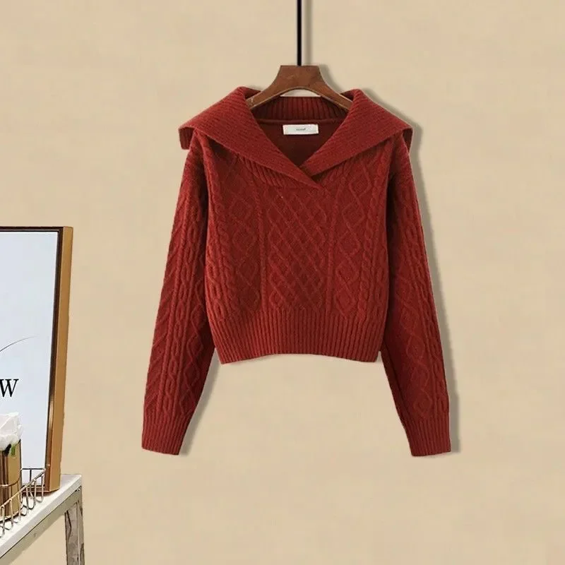 Female Fall Wear Set Women Fashion Navy Neck Twisted Knitted Sweater pullover+ High Waist  A-line Skirt Two Piece Set Fashion