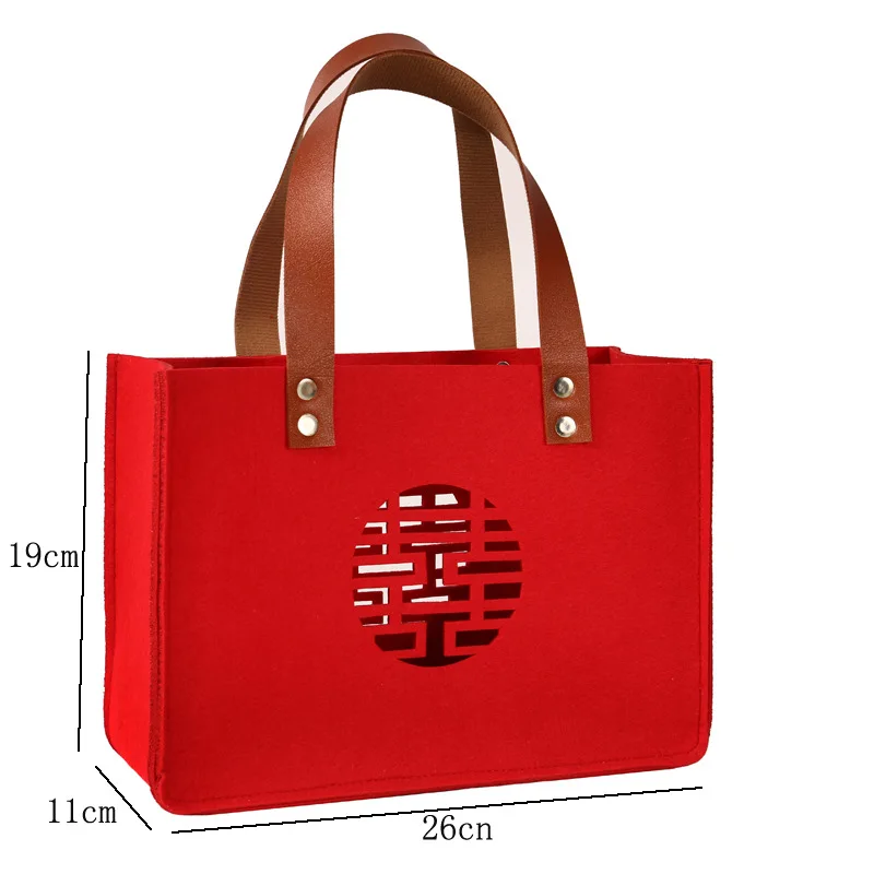 

Red Felt Tote Bag Large Eco Non Woven Fabric Shopper Bag Cute Chinese Wedding Party Style Reusable Shopping Bag Gift Handbag