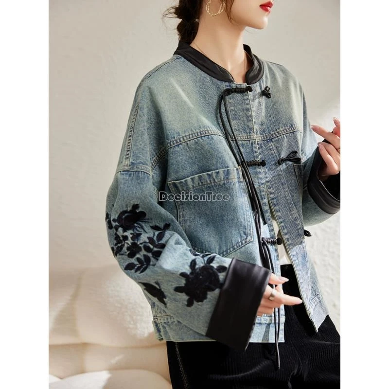 Retro Chinese Style Denim Coat for Women's Spring Casual Daily Wear Fashionable Embroidery Stand Collar Button Top women chinese shirt