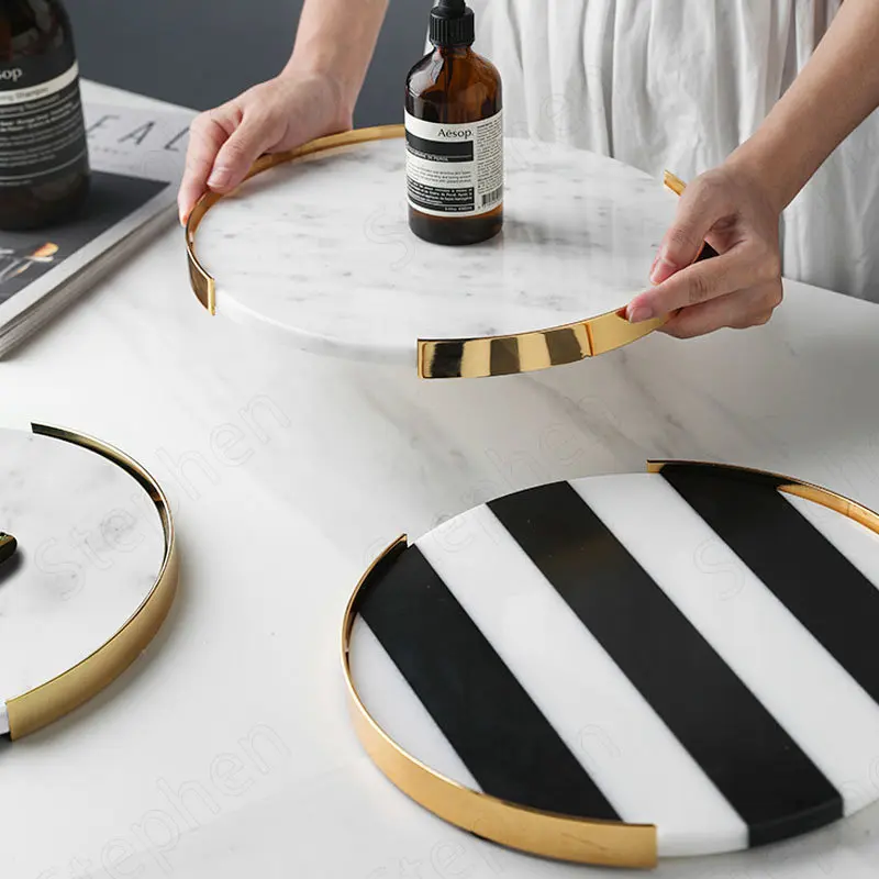 Natural Marble Round Trays Decorative European Modern Bathroom Storage