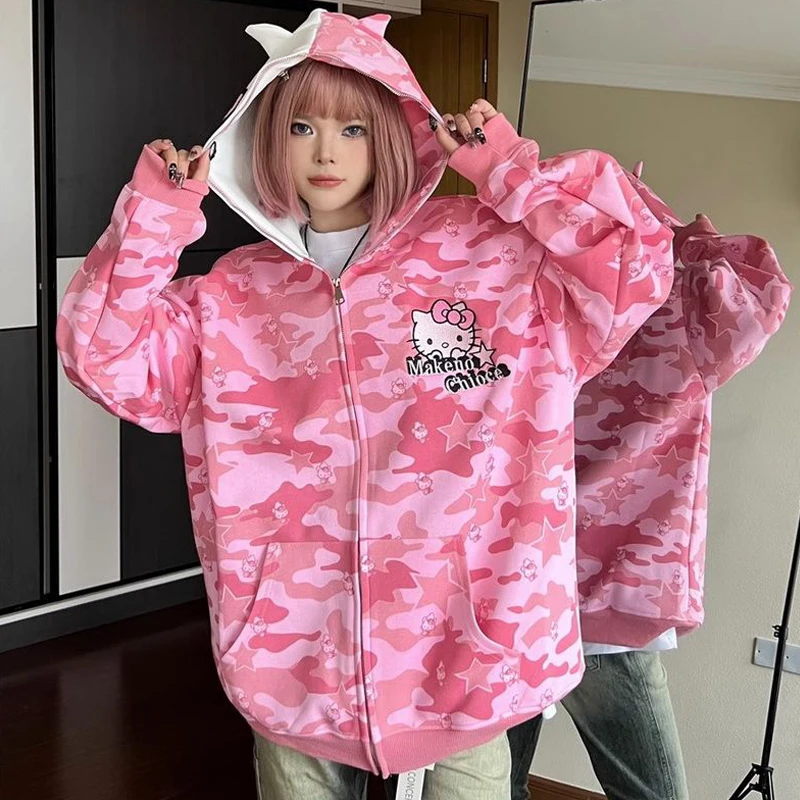 

Anime Hello Kittys Cardigan Hoodie Girl Sanrios Autumn Winter Kawaii Retro Hooded Cartoon Pure Cotton Loose Plus Velvet Coat