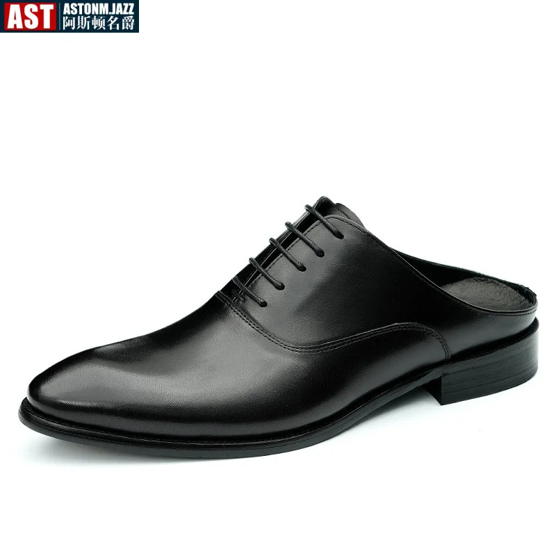 Italian Mens Half Shoes Luxury Handmade Genuine Leather Summer Retro Black Office Business Sandals Social Slippers for Male