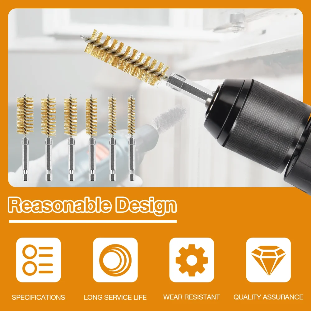 6Pcs Copper WireTube Cleaning Brush Set 1/4" Hex Bar Twisted Wire Hole Brush for Power Drill Impact Driver(8/10/12/15/17/19 mm)