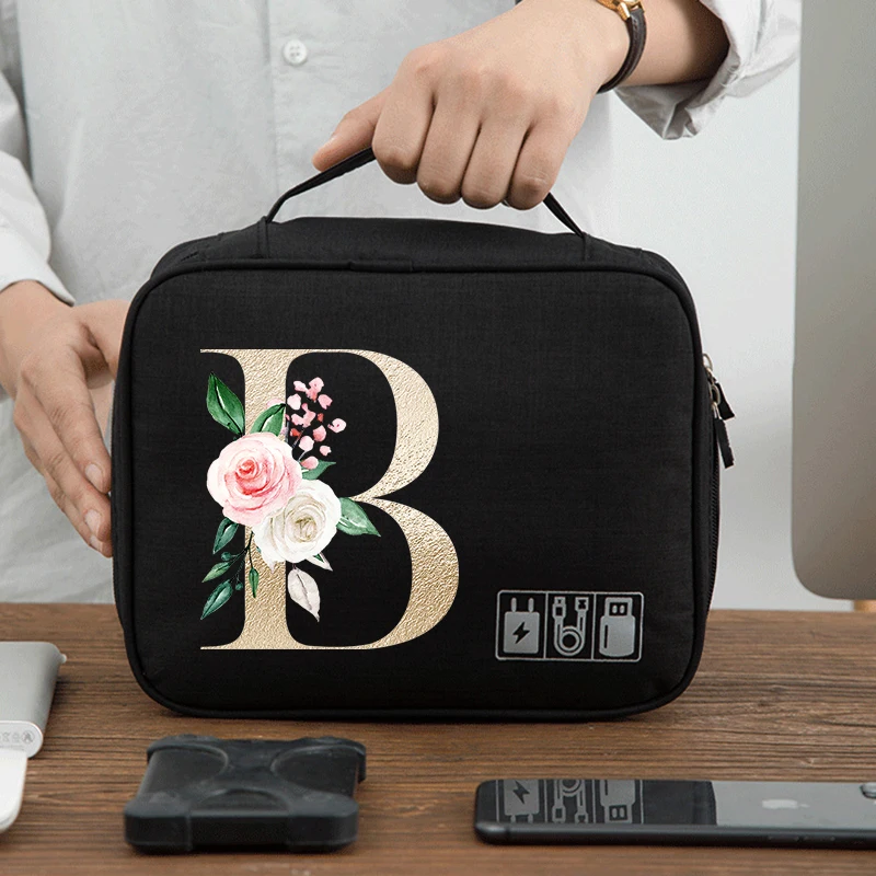 

Gold Letter Print Travel Cable Bag Portable Digital USB Gadget Organizer Charger Wires Cosmetic Zipper Storage Pouch Kit Case