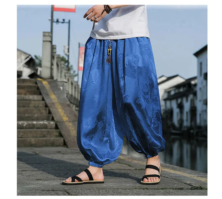 Description Picture 3 of itemSummer Ice Silk Dragon Pattern Pants Men's Beach Bloomers Retro Casual Wide-leg Flower Pants Harajuku Fashion Jogging Pants