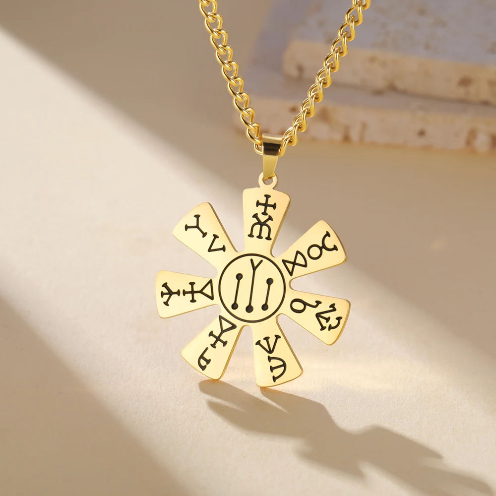 Dawapara Pliska Rosetten-Halskette für Männer und Frauen, mittelalterliches bulgarisches mystisches Amulett, Hexerei-Schmuck, Edelstahl-Halskette – Detail 14