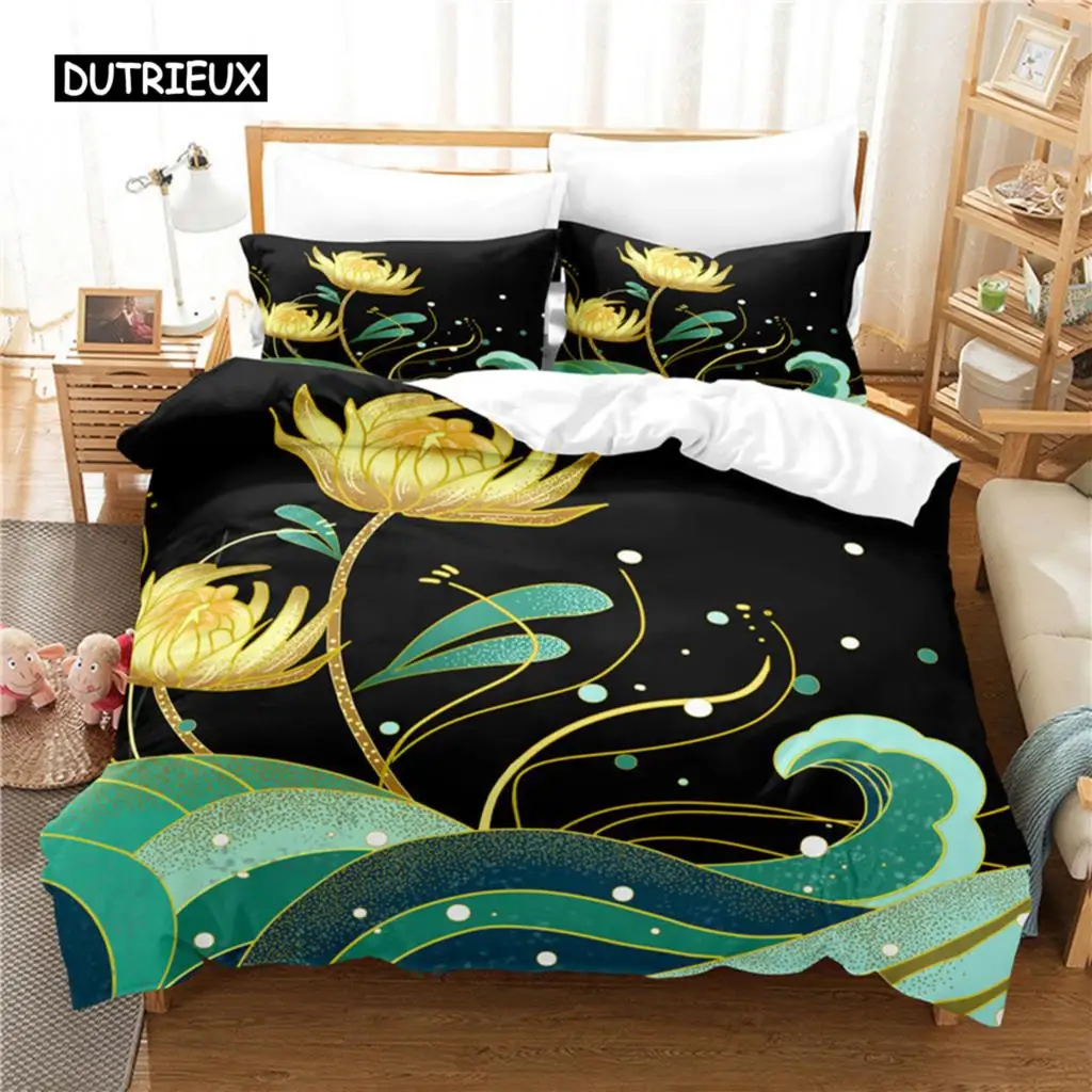 

Lotus Floral Duvet Cover King Microfiber Water Hibiscus Bedding Set Flower Leaves Quilt Cover Nature Art Theme Bedspread Cover