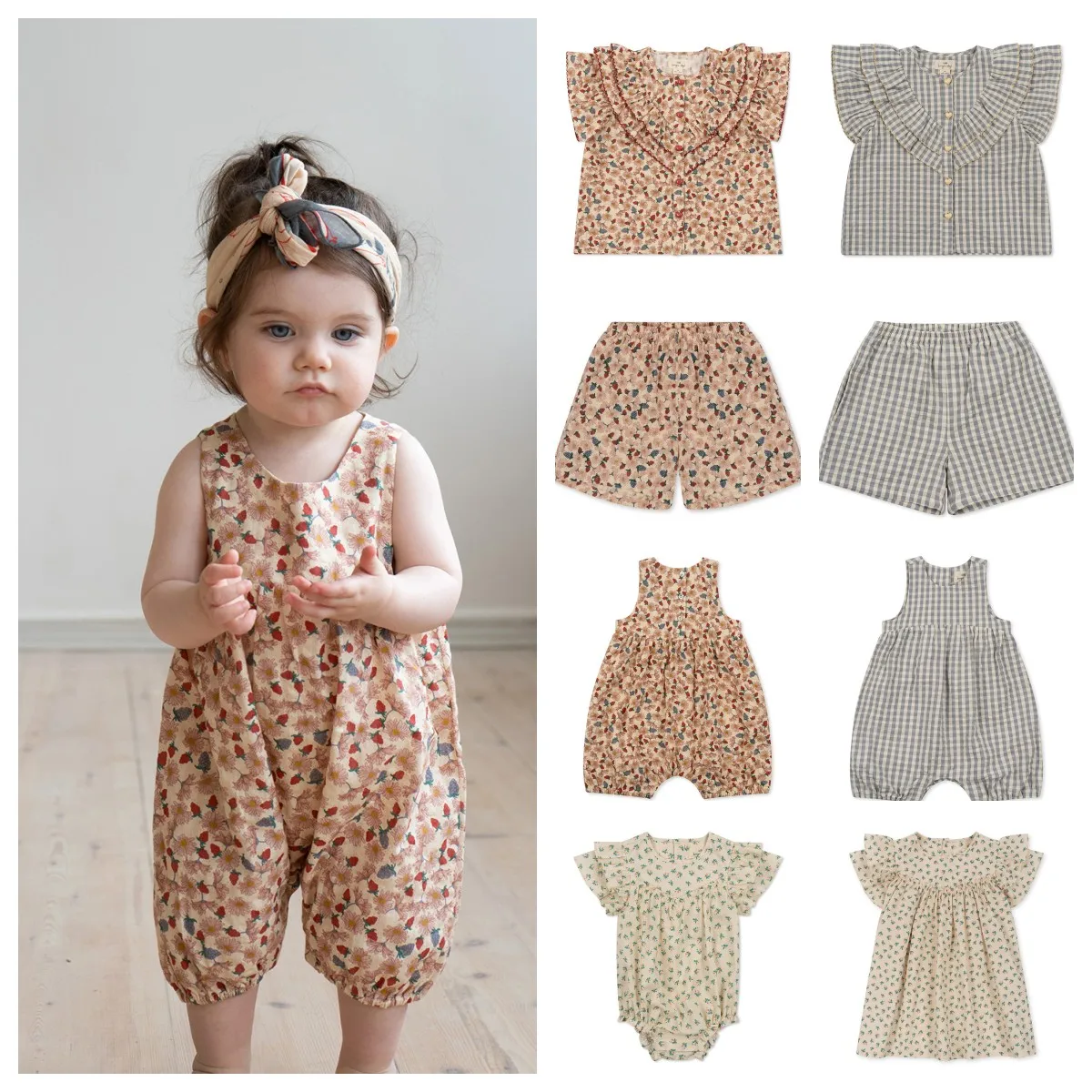 

Kids Girls Clothes KS 2023 Summer New Flower Printed Lotus Leaf Sleeve Shirts Shorts Baby Rompers Jumpsuit Girls Dresses