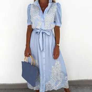 Lace-up Women Shirt Dress 2024 Summer Elegant Single Breasted Puff Sleeve Maxi Dress Vestidos Bohemian Sundress Party Robe 3