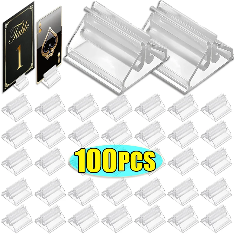 20/100PCS Mini Table Sign Stands Clear Plastic Wedding Party Cards Holders Business Card Menus Price Tags Picture Display Holder