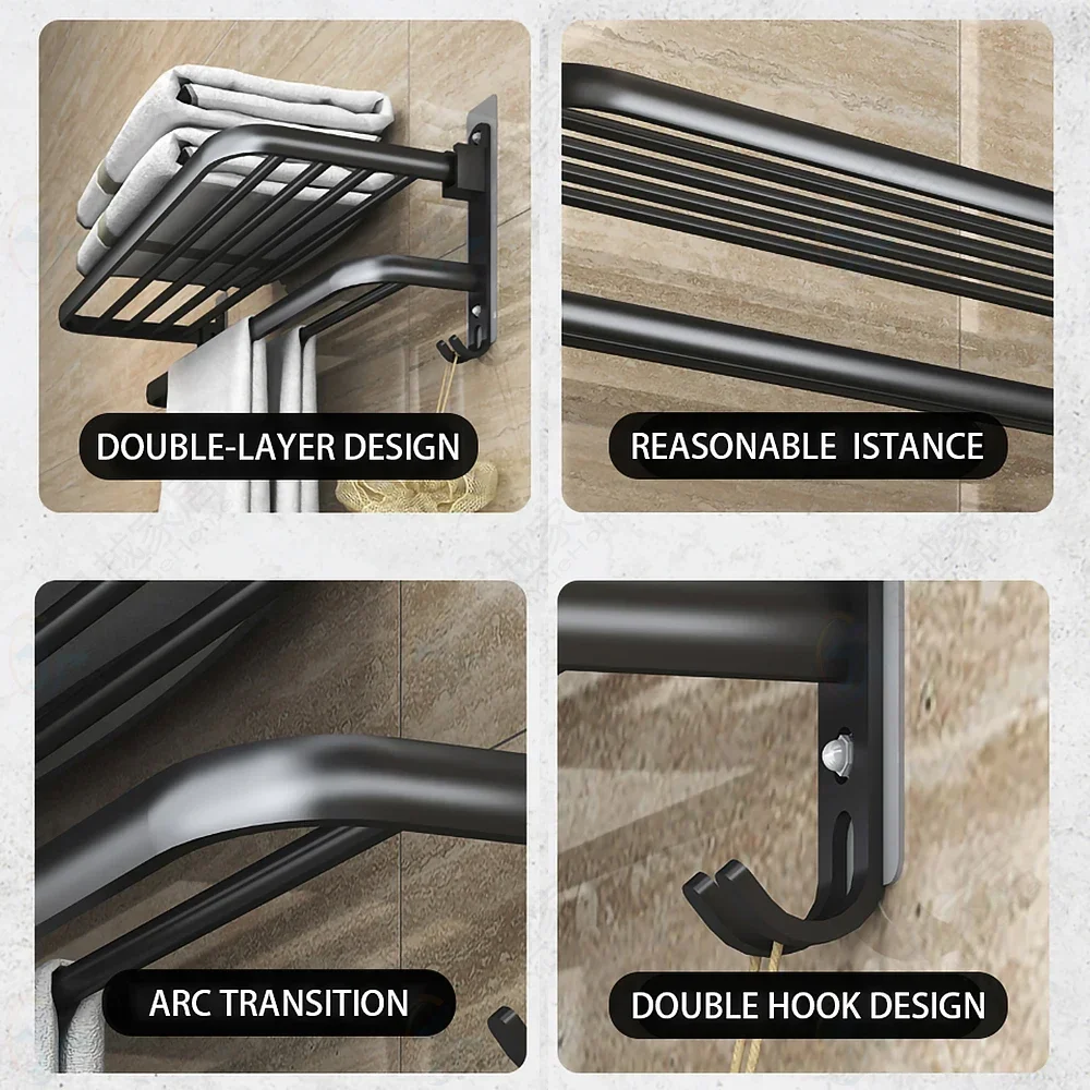 Towel Rack 40-60 CM Folding Holder Bathroom Accessories Bath Wall Sticker Rail Shower Hanger With Hook Black Bar Aluminum Shelf storage rack towel rack towel holder bathroom hardware set