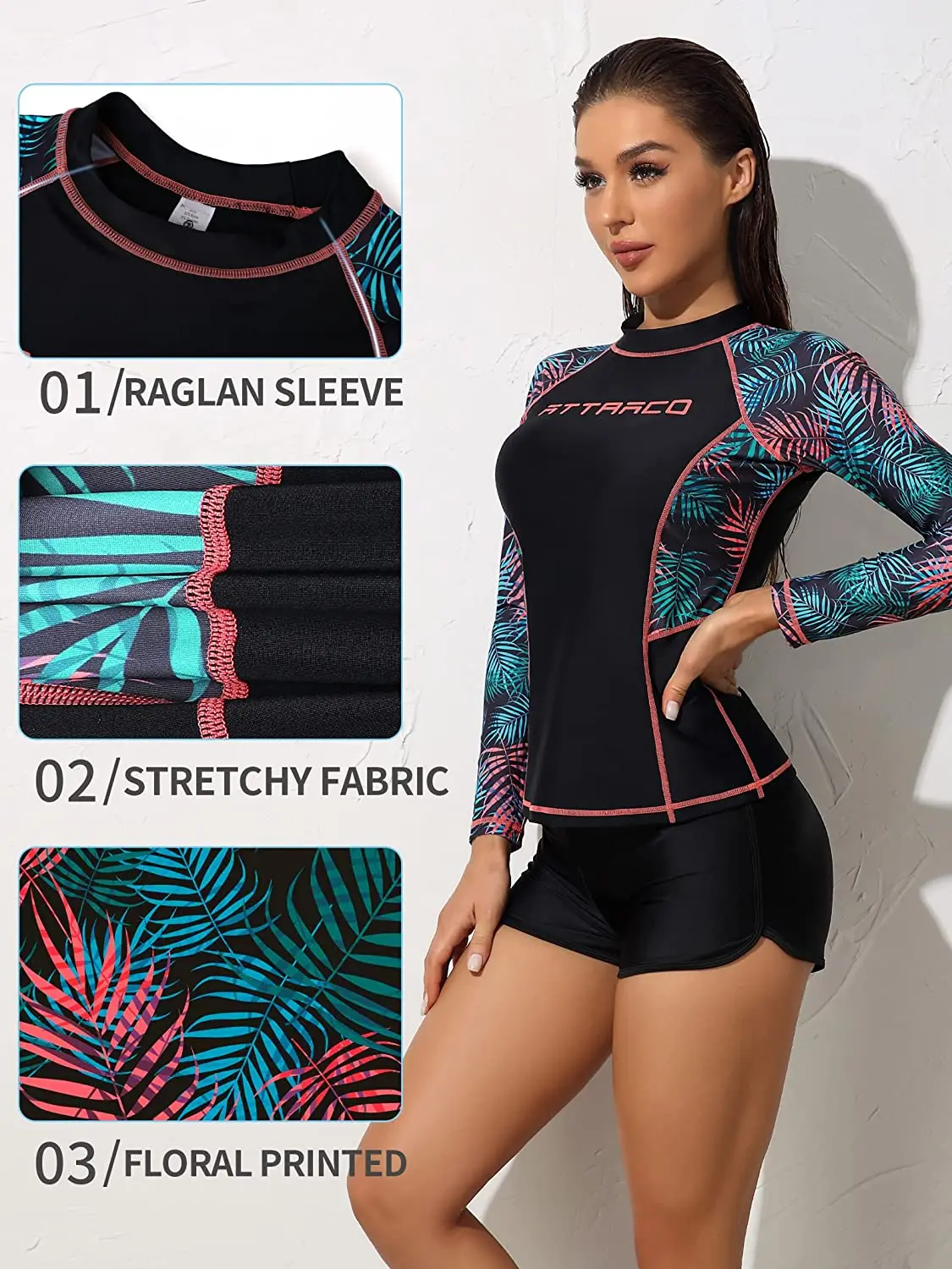 Charmleaks Women Rash Guard Long Sleeves Crew Neck UPF 50+ Quick Dry Shirt Floral Print Stretchy Fabric Surfing Swimming Tops