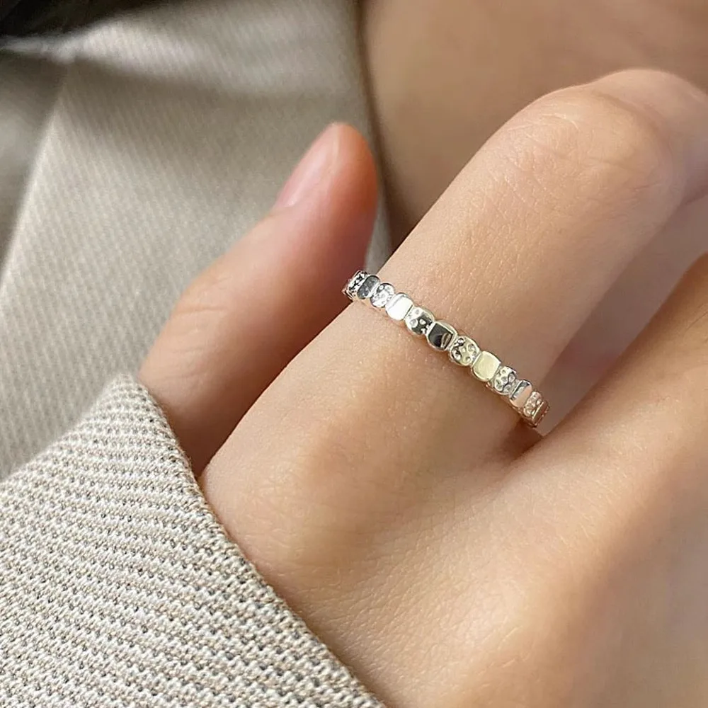 

S925 Sterling Silver Sparkling Diamond Female Smooth Surface Embossed Texture Ring Adjustable Opening Dainty Ring For Women