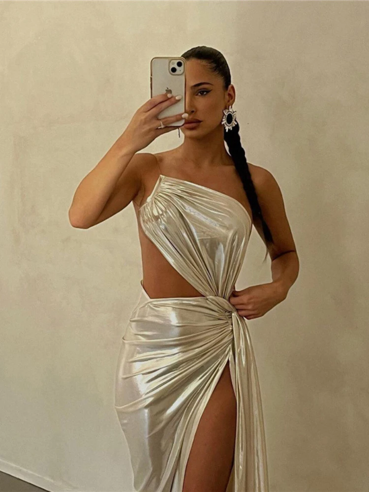 

WeiYao Elegant Chic Dresses For Women 2023 Sexy Robe Argent Sleeveless Backless Slim Fit Maxi Dress Female Party Club Outfits