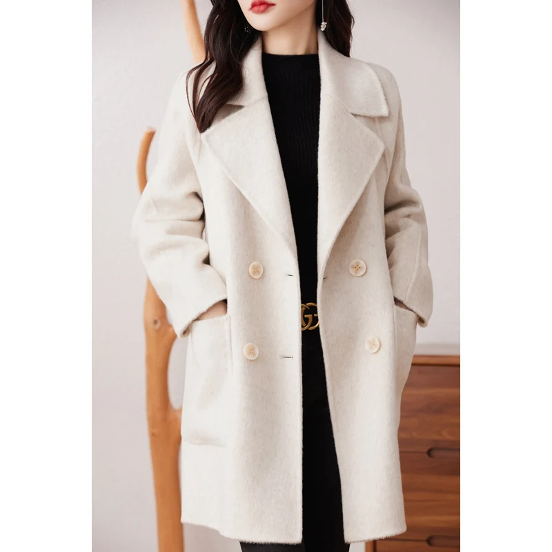 Double-Sided Cashmere Coat for Women, Mid-length Suit Tie, Double-Breasted, 100% Pure Wool Style