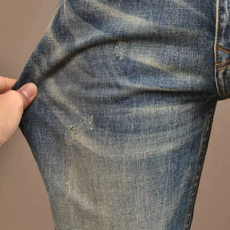 Fashion Designer Men Jeans Retro Blue Stretch Slim Ripped Jeans Men Vintage Trousers Italian Style Elastic Denim Pants Hombre