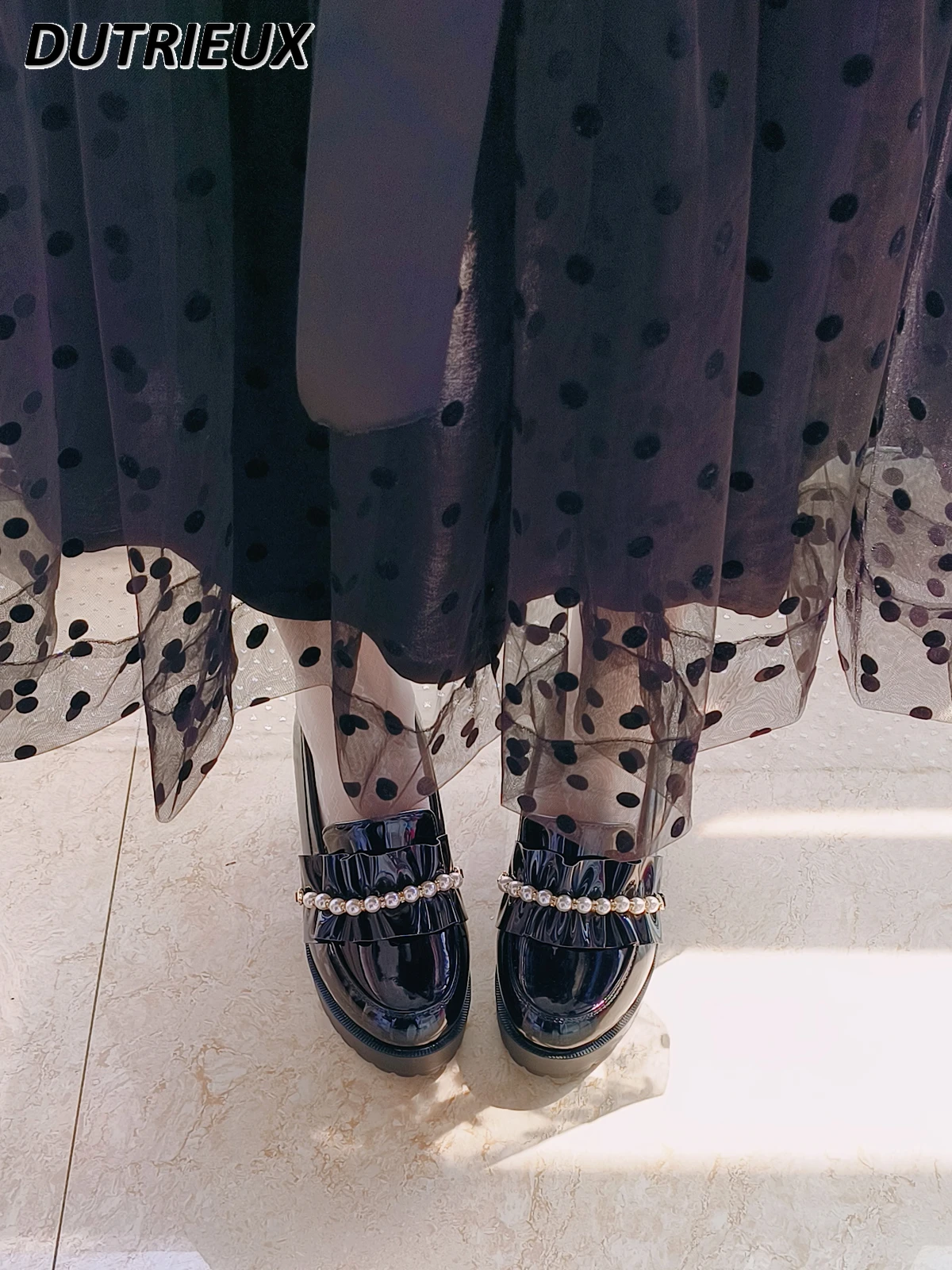 Japonský styl dobývat sladké perla krajka zjevný kůže mokasíny dámská léto JK maria Jana platforma boty tlustý podpatek pumps