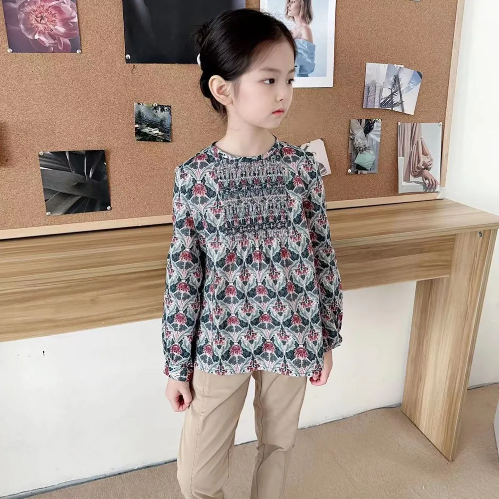 

baby girls tops cotton kids clothes Vintage printed round neck T-shirt long sleeved top