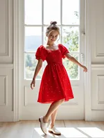Robe courte à manches courtes en dentelle rouge à col carré décontractée et douce pour les petites filles - Convient aux filles de 4 à 7 ans en été 1