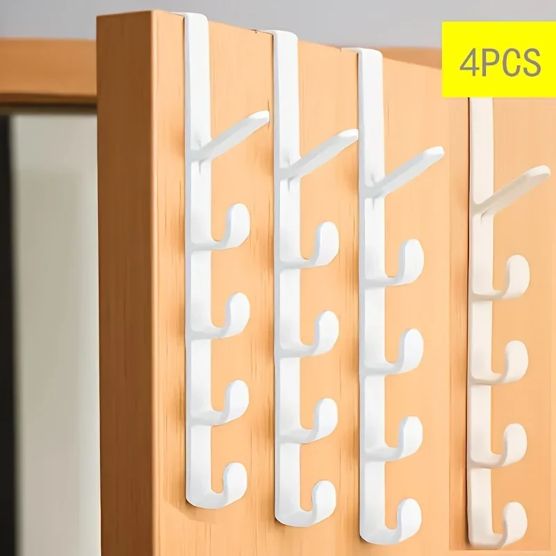 4pcs Set-5-Hook Door Hook, Back Pocket Storage Rack, Household Bathroom Storage Organizer For Bathrooms, Bedrooms