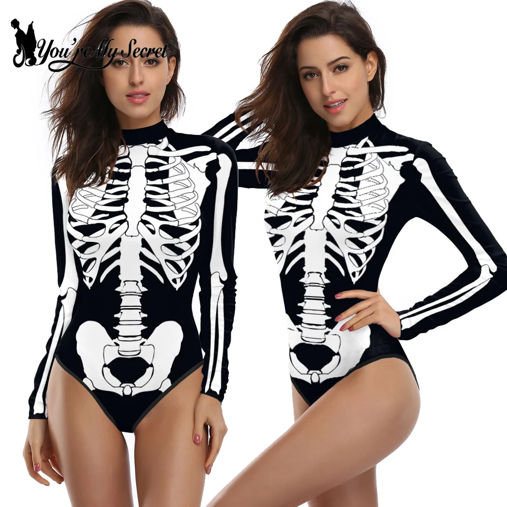 Halloween Costume Cosplay Skeleton Print Zenti Bodysuits Carnival Party Jumpsuit Outfit Women Day of The Dead cosplay costume adult unitard women romper jumpsuit