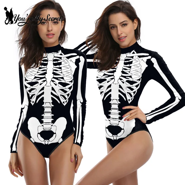 [You're My Secret] Halloween Costume Cosplay Skeleton Print Zenti Bodysuits Carnival Party Jumpsuit Outfit Women Day of The Dead 1