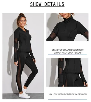 1 Set Winter Fitness Yoga Set Women Solid Color Stretch Athletic Suit Zipper Jacket High Waist Leggings Female Sportswear Black 6