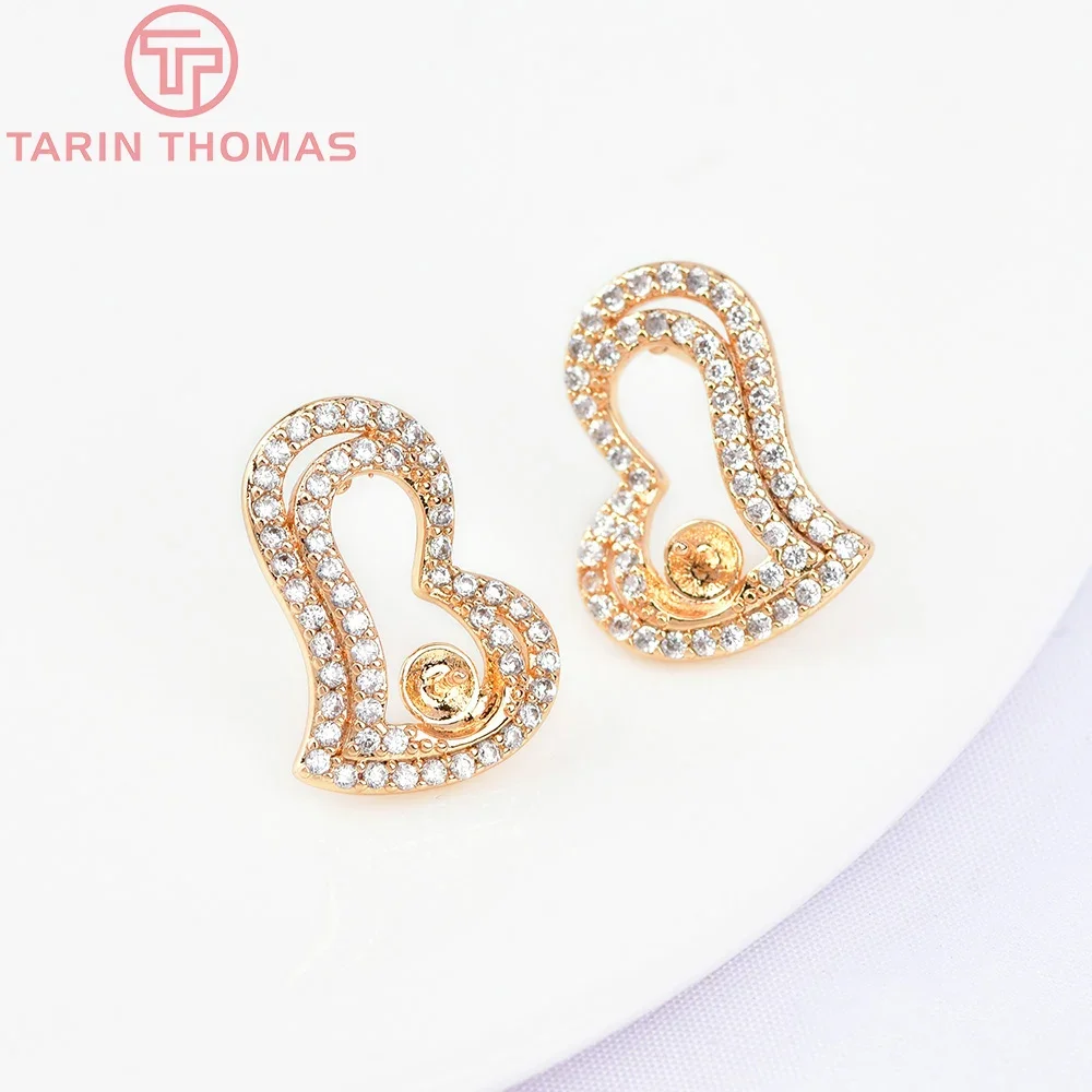 

(5899) 2PCS 12.5x17MM 24K Gold Color Brass with Zircon Heart Stud Earrings High Quality DIY Jewelry Making Findings Accessories