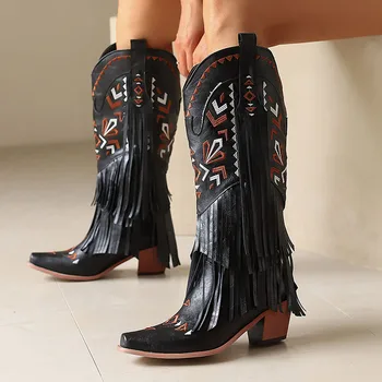 GIGIFOX Retro Tassel Embroidered Cowgirl Mid-Calf Women Western Boots Pointed Toe Chunky High Heel Cowboy Cool All-Match Shoes 5