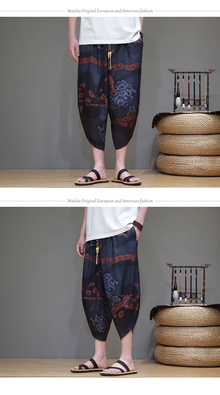 Chinesischen Stil Harem Hosen Männer Sommer Dünne Beiläufige Jogger Herren Hosen Streetwear Eis Seide Gedruckt Kalb-länge Hosen Männer – Detail 5