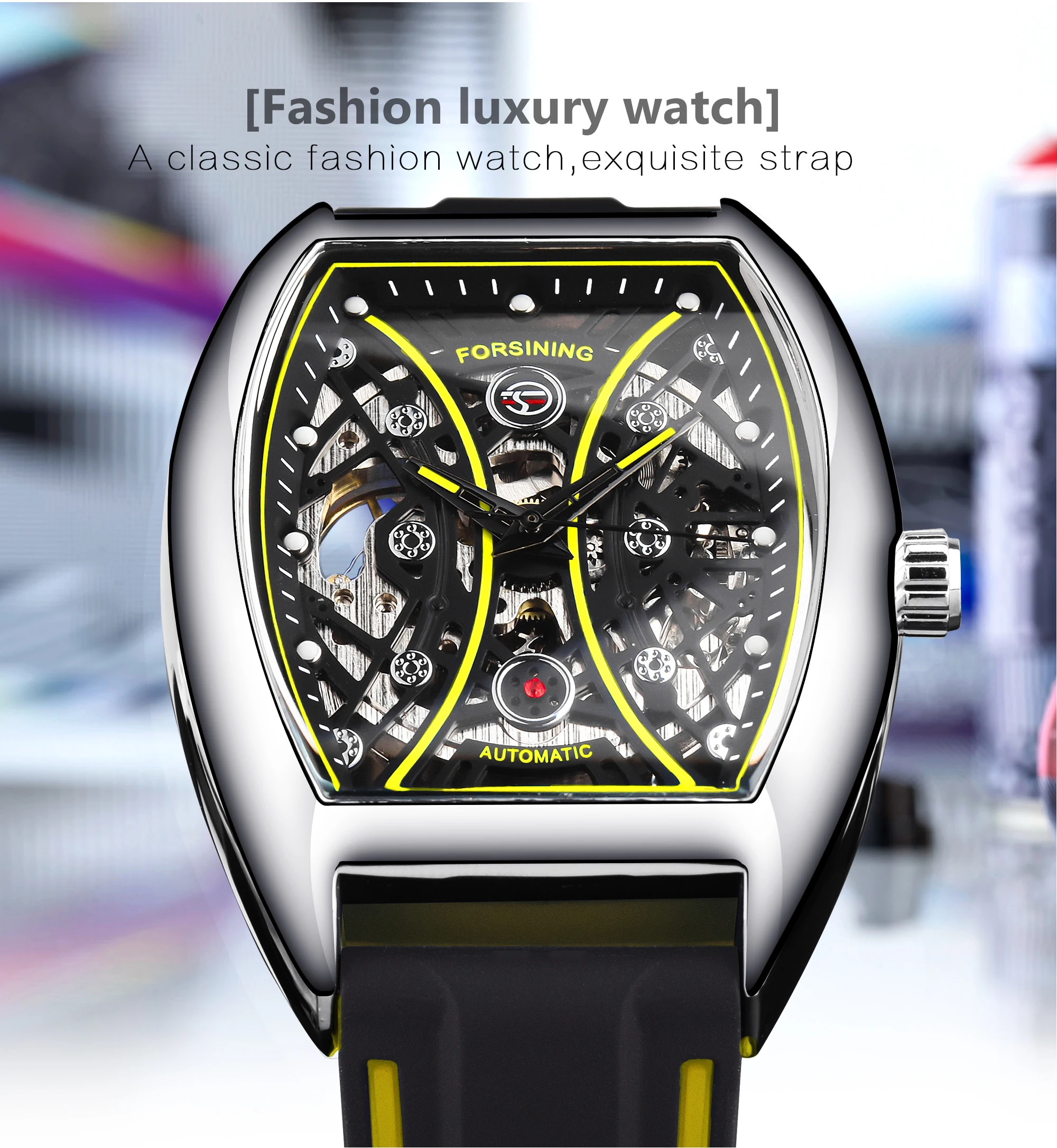 Forsining Skelett-Armbanduhr mit automatischem Aufzug, Gelb/Silber, für Herren, mechanisch, Militäruhr, rechteckig, für Herren, automatische Uhren_voghion.com