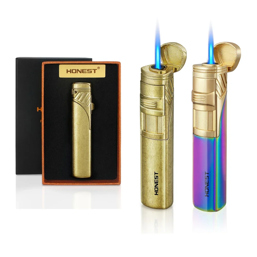 

HONEST Metal Cigar Lighter Gas Butane Single Jet Torch Windproof Inflatable Lighter Smoking Accessories with Gift Box for Cigar