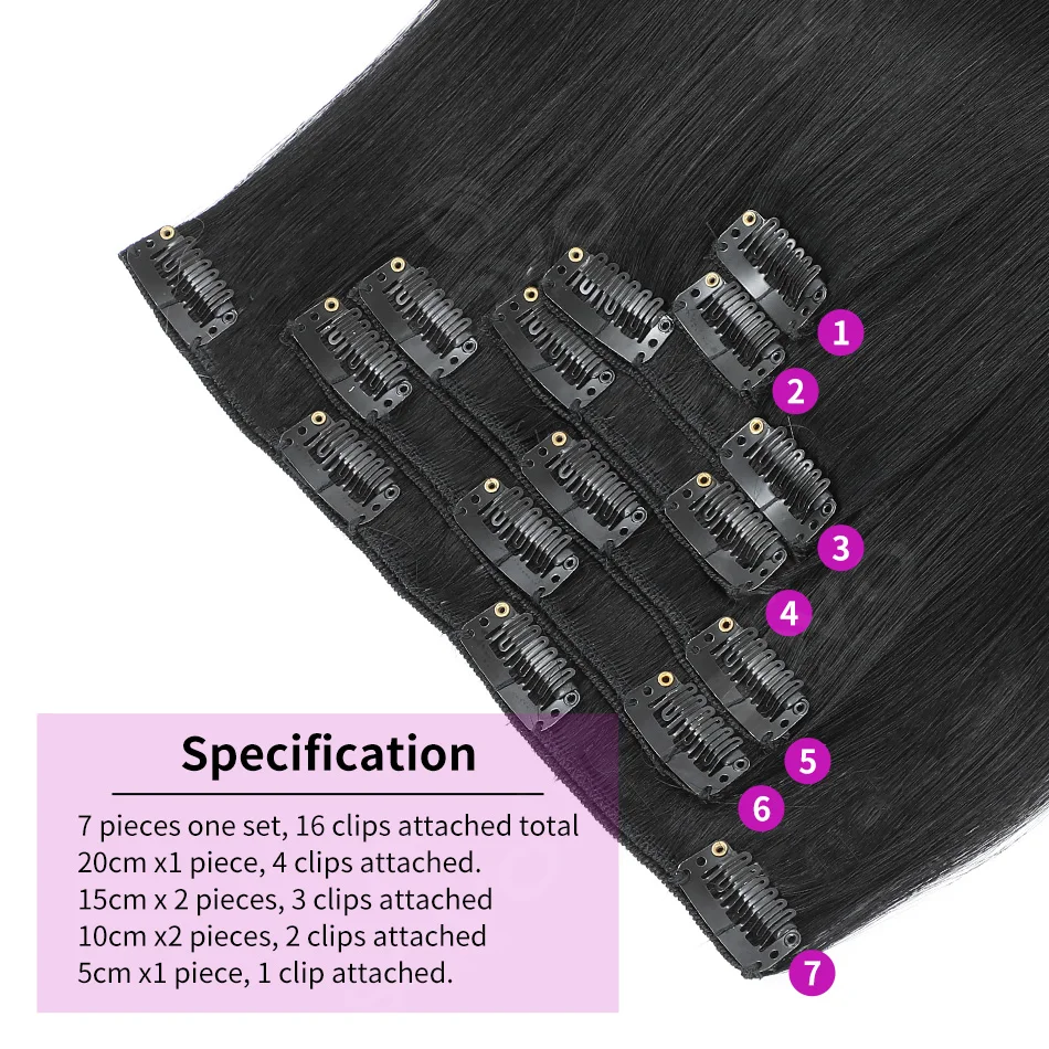 15A Grade Clip in Human Hair Extensions 100% Remy Hair Natural Black Thick Long Hairpieces for Women Natural Real Looking 4