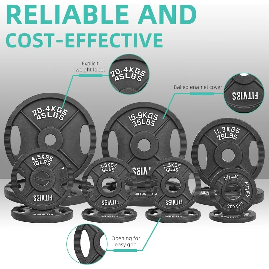 Fitvids Cast Iron 2Inch Weight Plates Including 5FT Barbell Bar Safely Locks 110 Pounds Set 95 Lbs Plates + 15 Lbs Barbell Bar