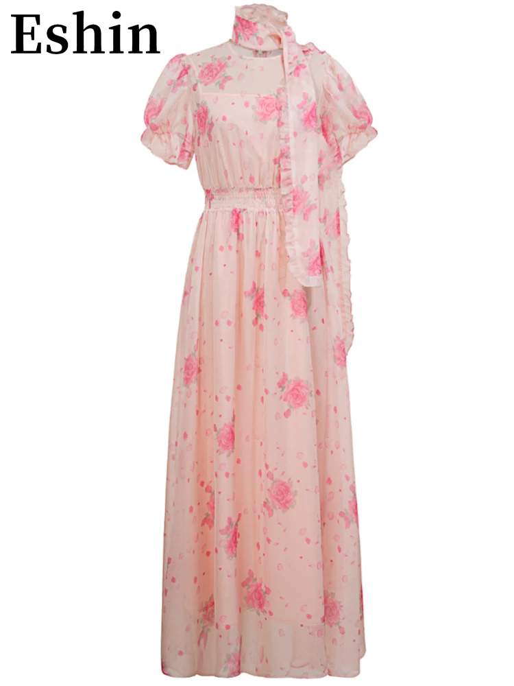 

Eshin High Collar Short Sleeve Pink Printing Big Size Loose Waist Dress For Women 2023 Summer Fashion Female New Dreses TH4167