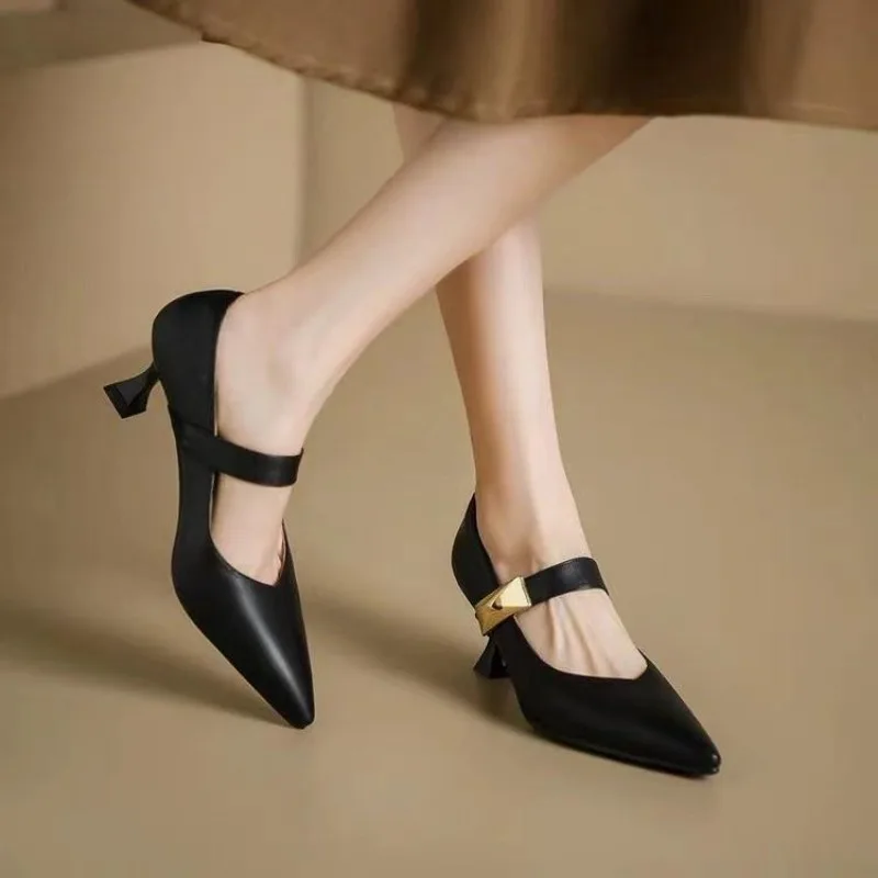 Fashion Metal Decorative Women Shoes New Pointed Slim Heels Temperament Women Shoes Shallow Cut Single Shoes for Women 2