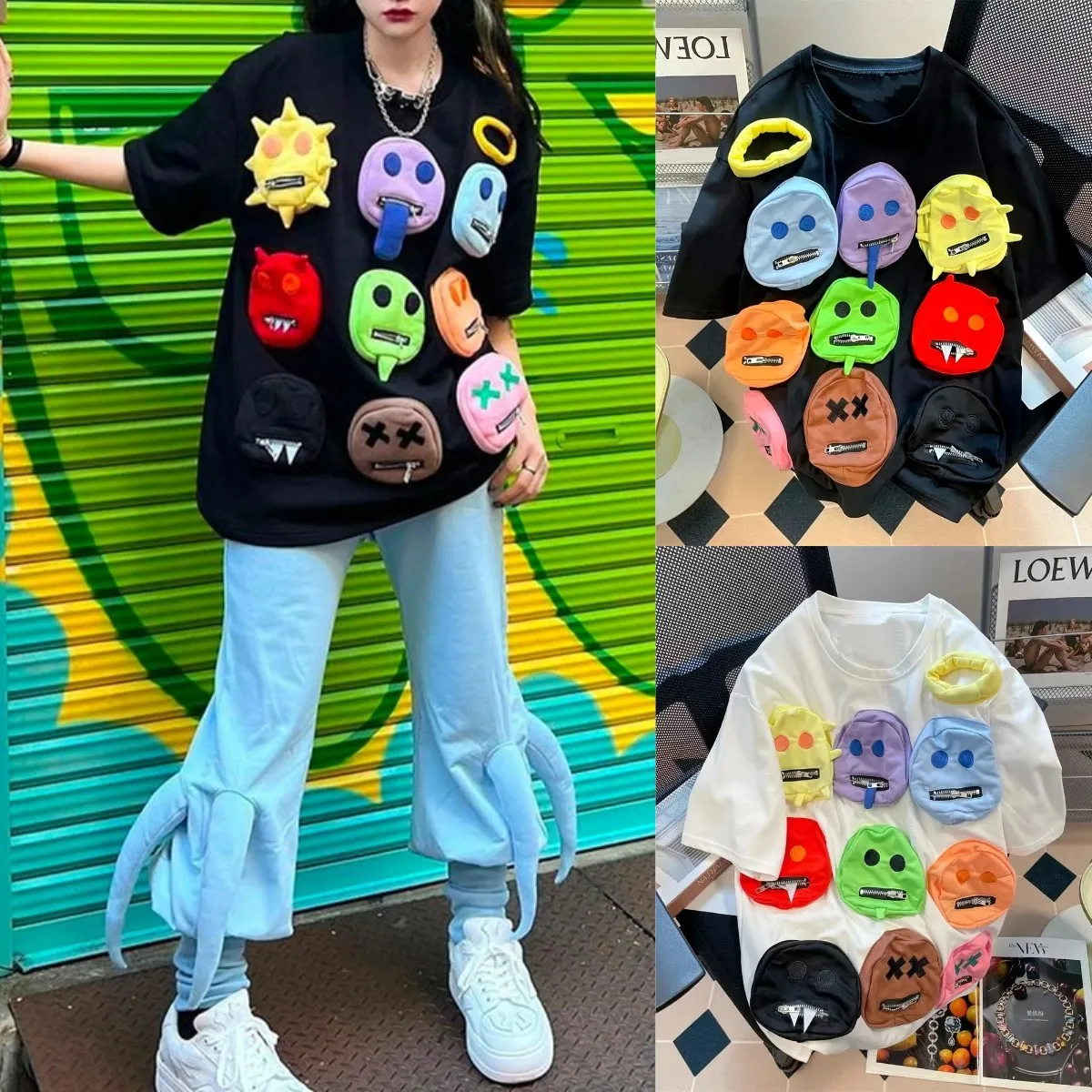 

Футболка с американским дьяволом и смайликом, свободная футболка с коротким рукавом для мужчин и женщин, хлопковый топ большого размера в Корейском стиле ретро, лето