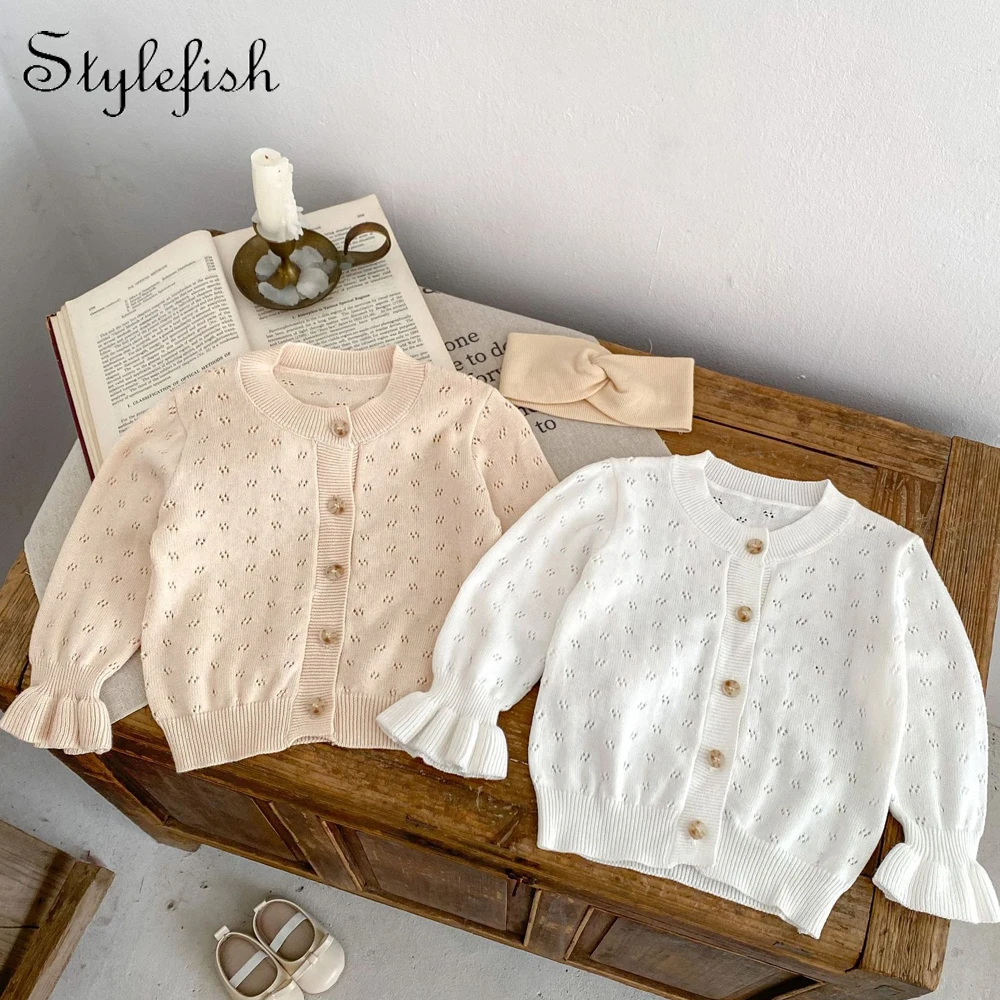 

Summer Baby Girl New Sweet Solid Color Sunscreen Cardigan Horn Cuff Hollow Knitted Air Conditioning Shirt Versatile Small Coat